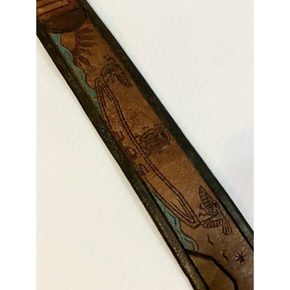 Vintage 70s Leather Belt Tooled Painted Egyptian Symbols Sz 34 Artisan Engraved - Picture 6 of 8